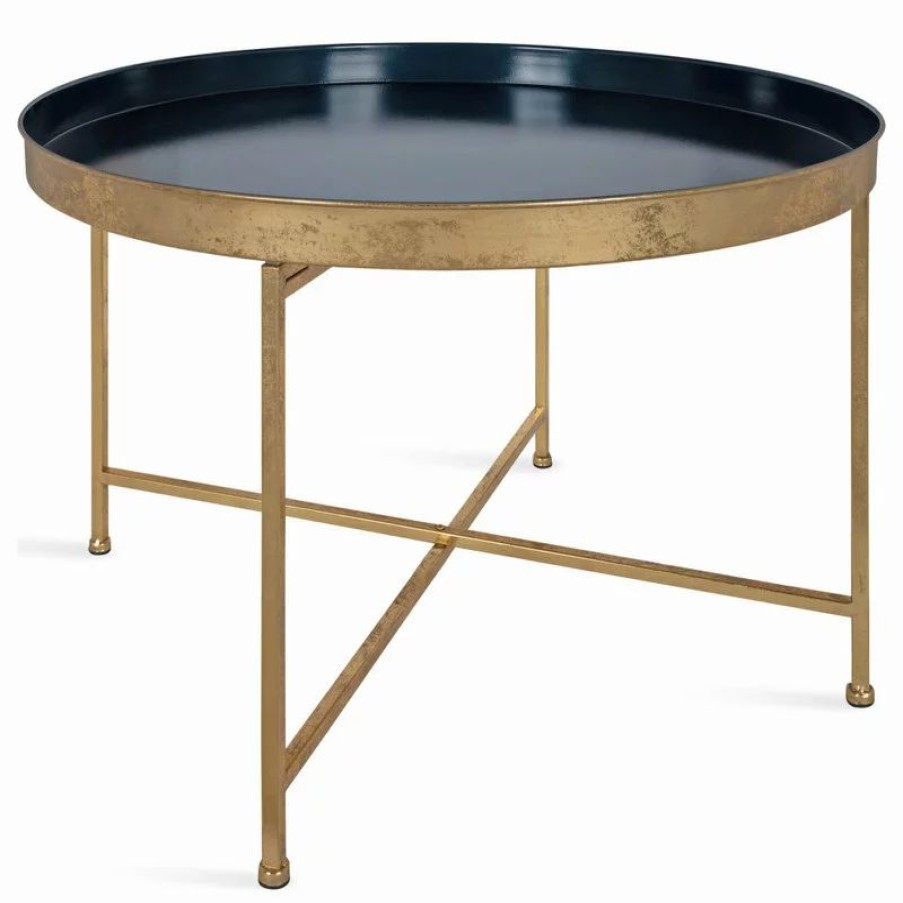Coffee & Accent Tables * | Uniek Celia Round Metal Coffee Table, Navy Blue/Gold 28.25 28.25 19