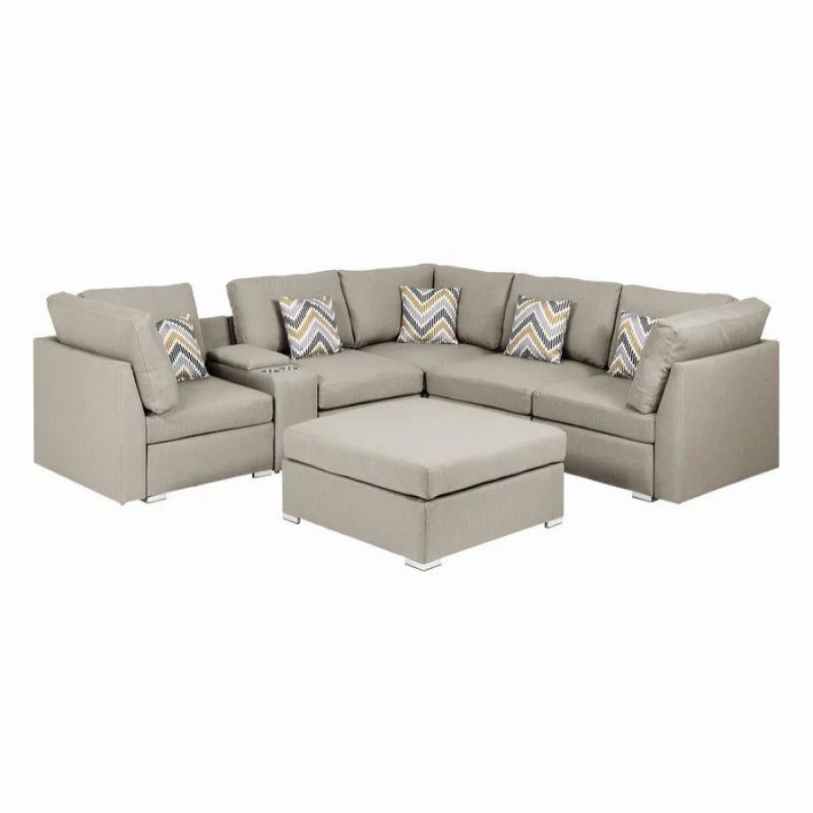Sofas & Sectionals * | Lilola Home Amira Beige Fabric Reversible Sectional Sofa W Usb Storage Console And Ottoman