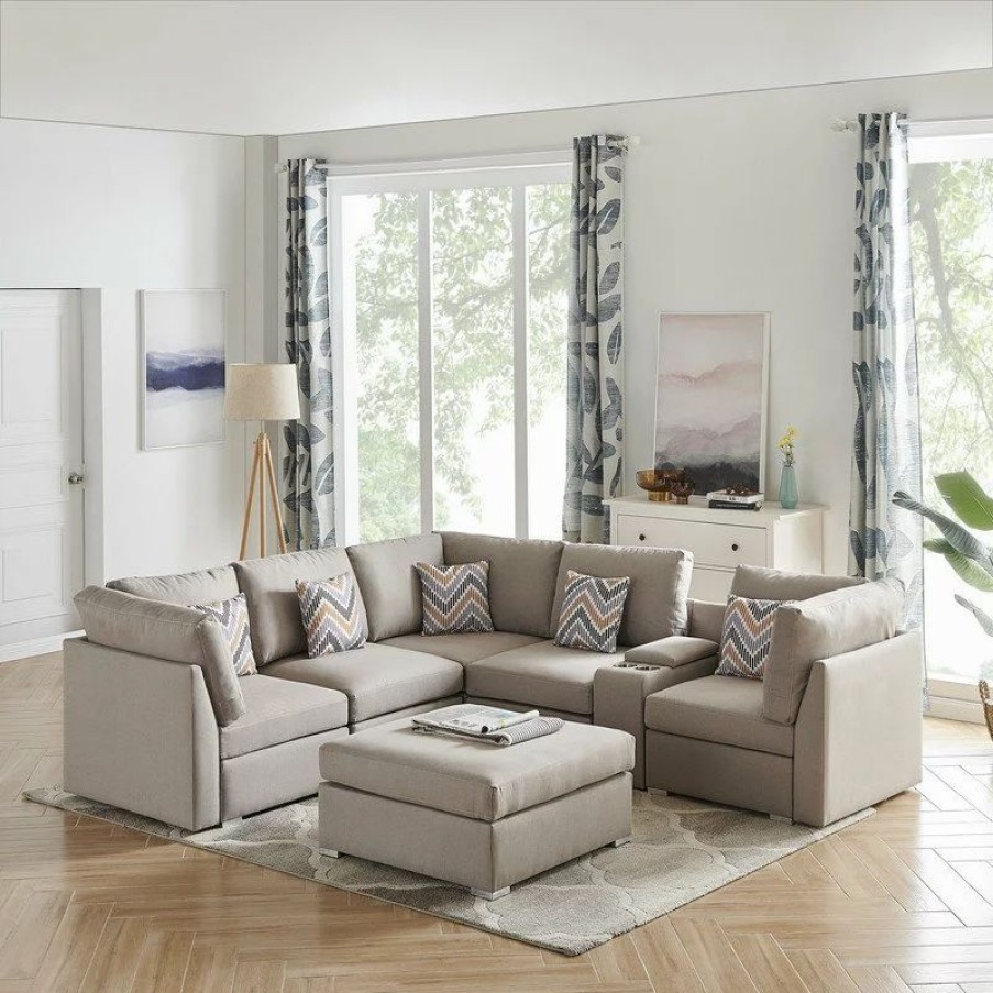 Sofas & Sectionals * | Lilola Home Amira Beige Fabric Reversible Sectional Sofa W Usb Storage Console And Ottoman