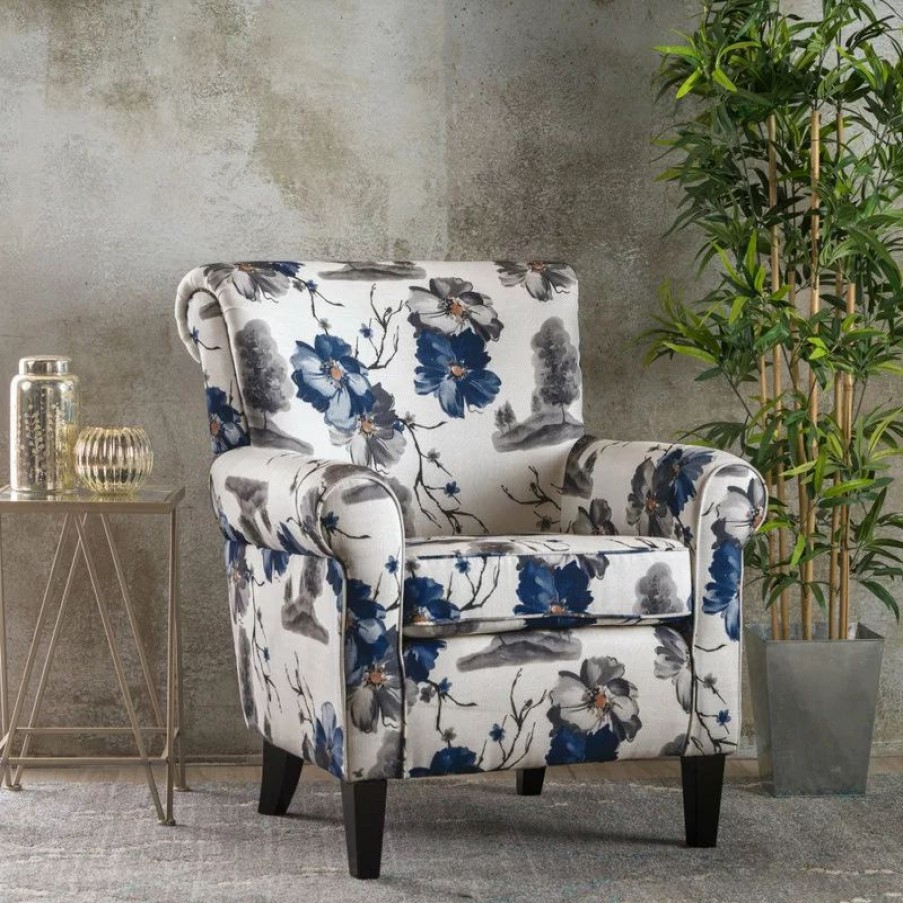 Chairs * | Gdfstudio Gdf Studio Manon Blue & White Floral Print Fabric Club Chair