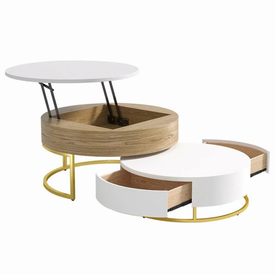 Coffee & Accent Tables * | Homary Nesnesis Modern Round Nesting Wood Coffee Table With Drawers, White/Natural