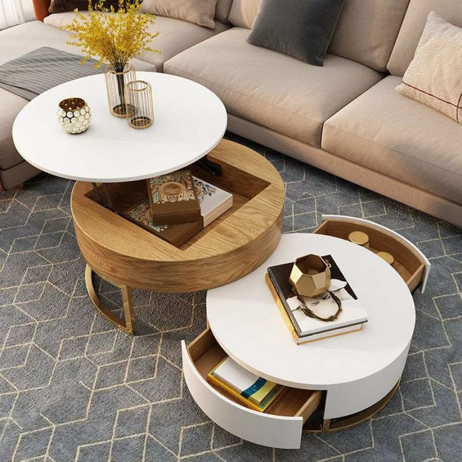 Coffee & Accent Tables * | Homary Nesnesis Modern Round Nesting Wood Coffee Table With Drawers, White/Natural