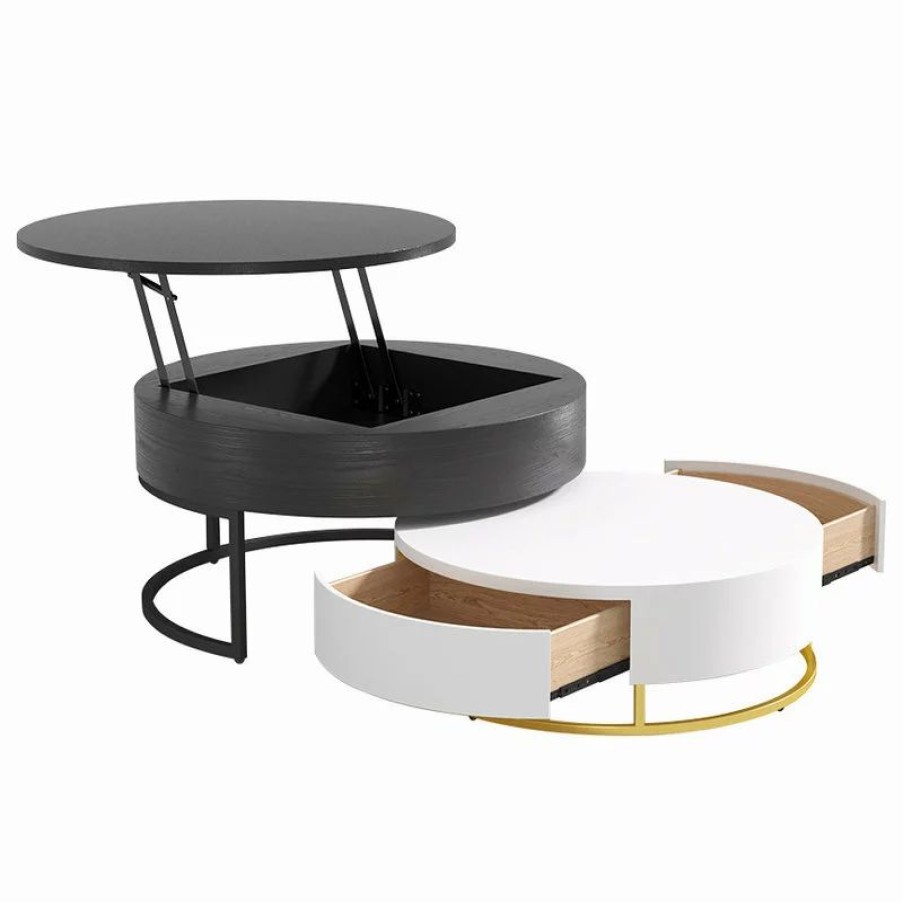 Coffee & Accent Tables * | Homary Nesnesis Modern Round Nesting Wood Coffee Table With Drawers, White/Black