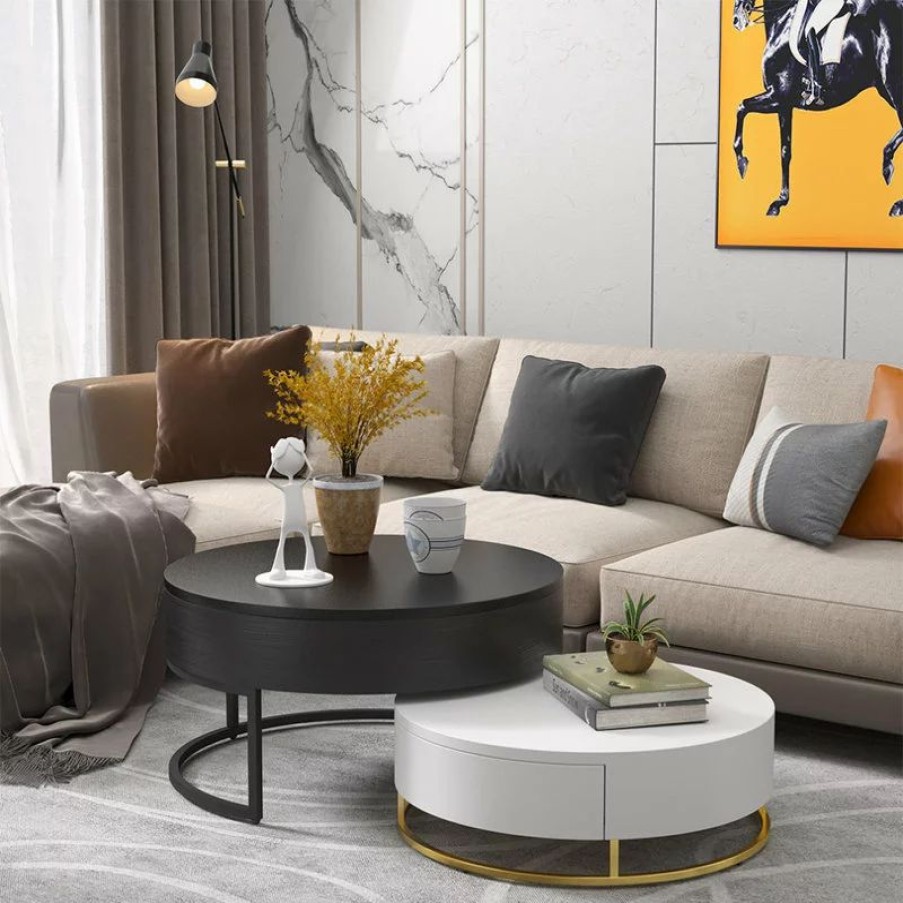 Coffee & Accent Tables * | Homary Nesnesis Modern Round Nesting Wood Coffee Table With Drawers, White/Black
