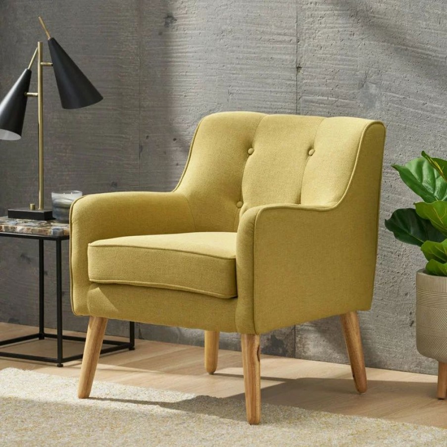 Chairs * | Gdfstudio Gdf Studio Fontinella Mid-Century Modern Fabric Tufted Arm Chair, Verdure Yellow, Single