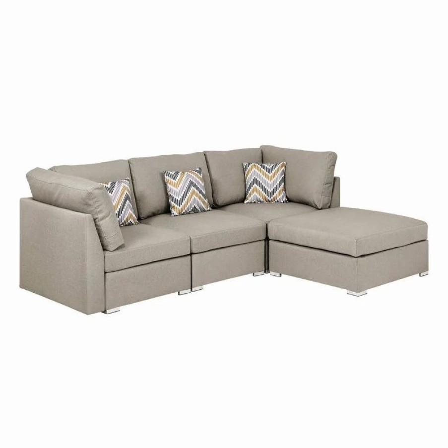 Sofas & Sectionals * | Lilola Home Amira Beige Linen Fabric Sectional Sofa With Ottoman And Pillows
