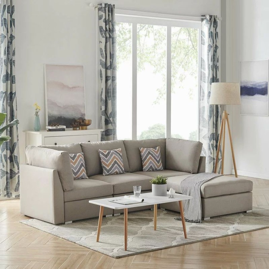 Sofas & Sectionals * | Lilola Home Amira Beige Linen Fabric Sectional Sofa With Ottoman And Pillows