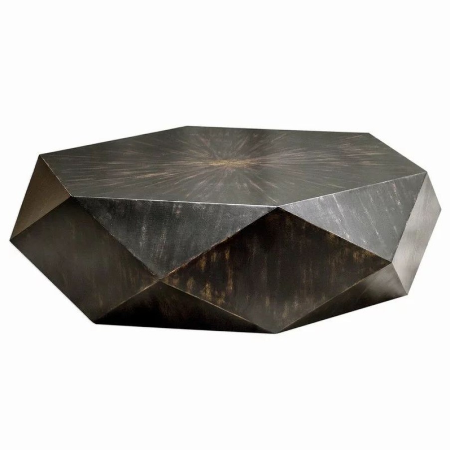 Coffee & Accent Tables * | Uttermost Faceted Large Round Wood Coffee Table, Modern Geometric Block Solid