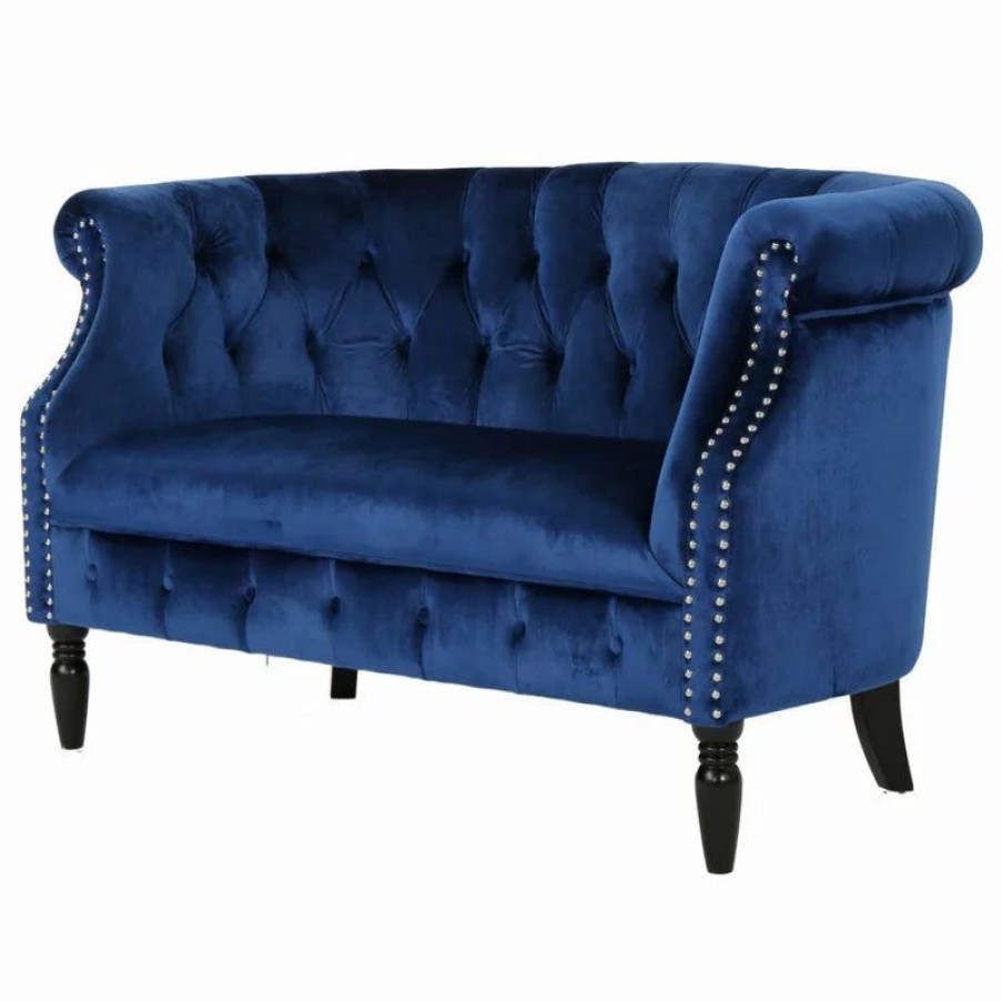 Sofas & Sectionals * | Gdfstudio Gdf Studio Melaina Tufted Scroll Arm New Velvet Loveseat, Navy Blue