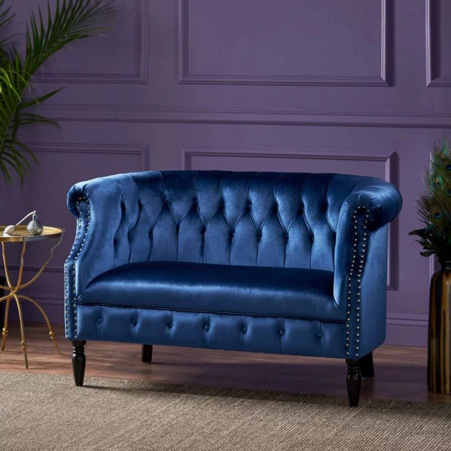 Sofas & Sectionals * | Gdfstudio Gdf Studio Melaina Tufted Scroll Arm New Velvet Loveseat, Navy Blue