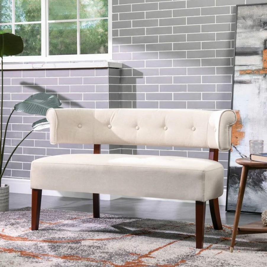 Sofas & Sectionals * | Jennifer Taylor Home Jared Roll Arm Tufted Bench Settee, Sky Neutral Beige Polyester Yarn-Dyed