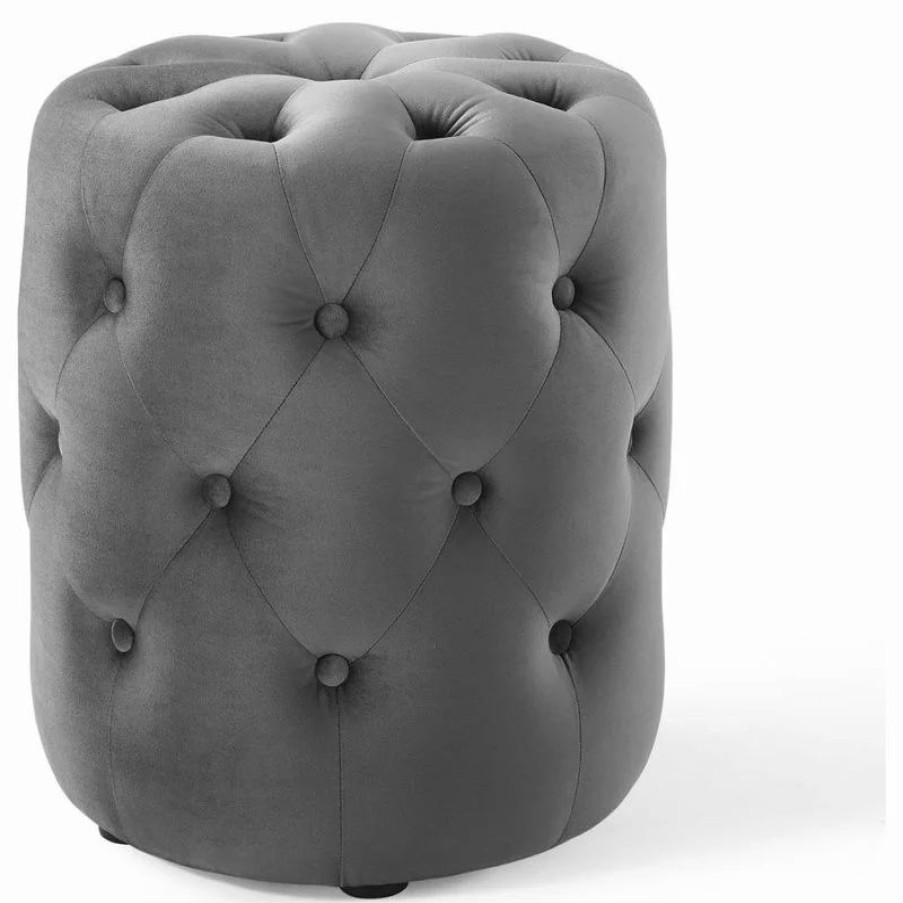 Footstools & Ottomans * | Lexmod Anthem Tufted Button Round Performance Velvet Ottoman, Gray