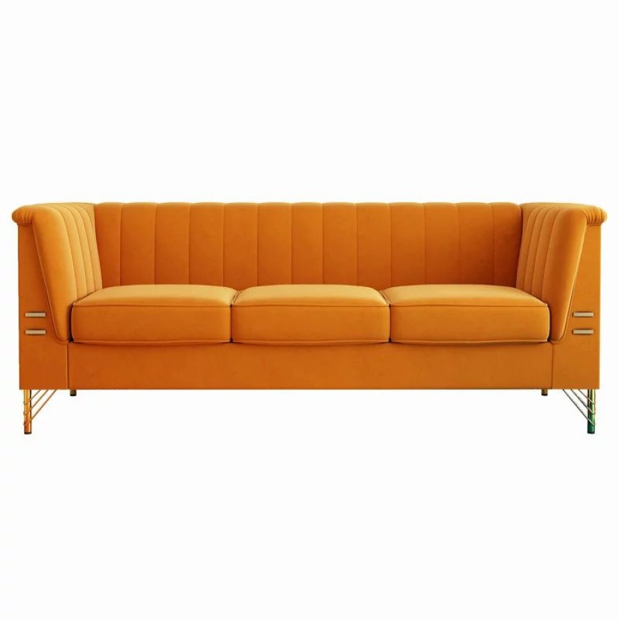 Sofas & Sectionals * | Modland 83.4" Tuxedo Velvet Arm Sofa With Gold Leg, Orange
