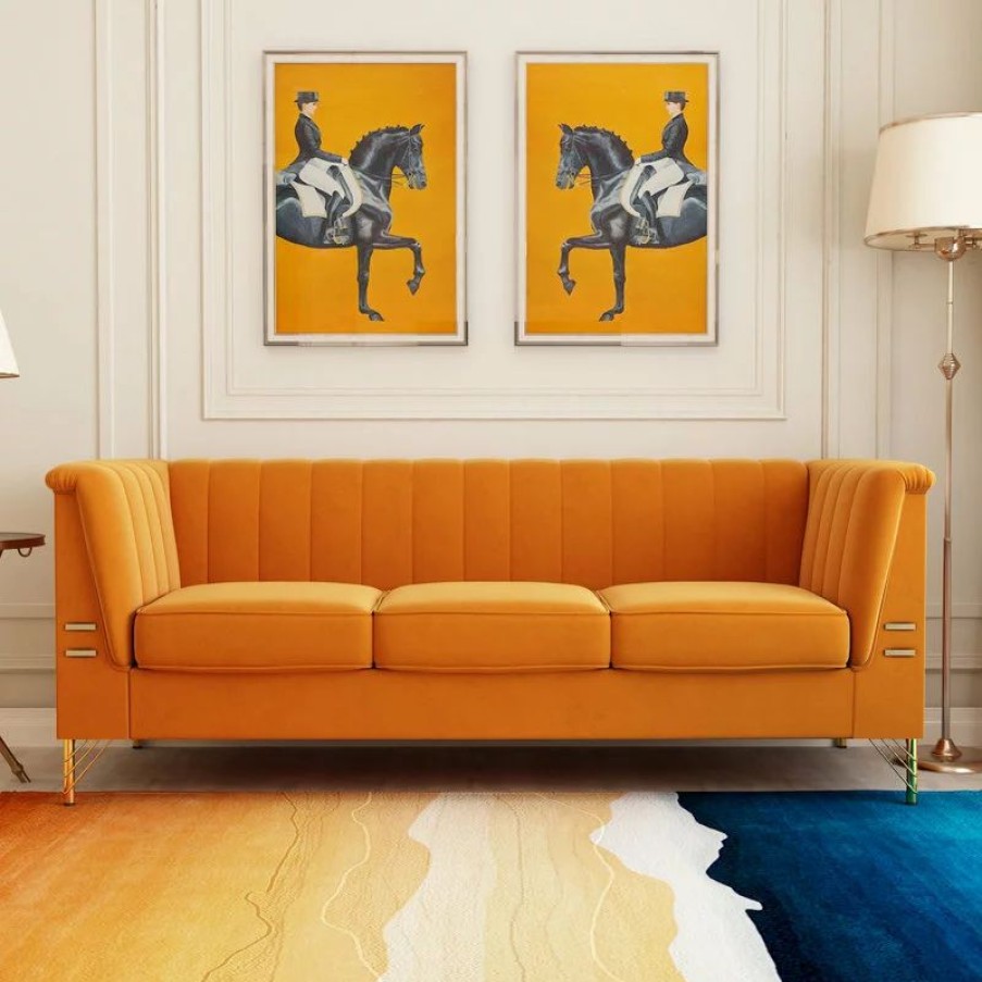 Sofas & Sectionals * | Modland 83.4" Tuxedo Velvet Arm Sofa With Gold Leg, Orange