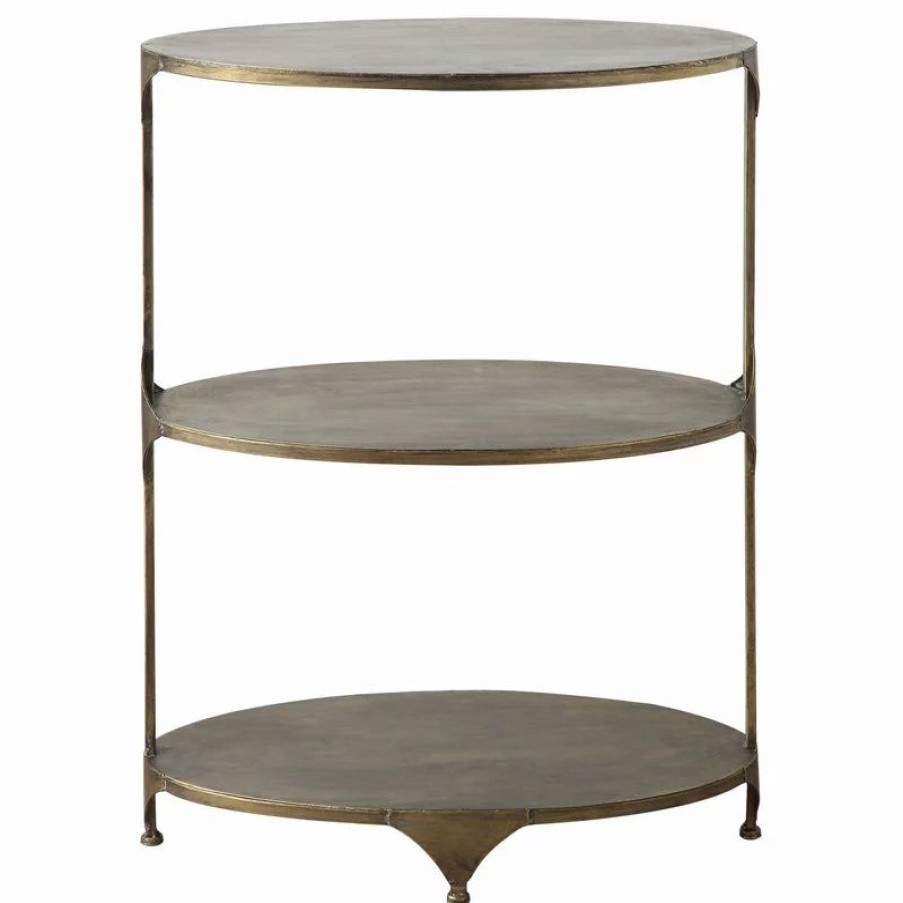 Coffee & Accent Tables * | Creative Co-Op Antique Gold Oval Metal 3-Tier Shelf/Side Table