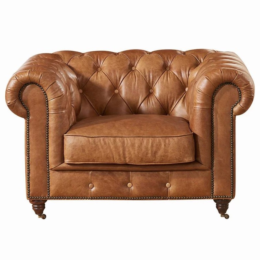 Chairs * | Crafters And Weavers Leather Chesterfield Arm Chair, Light Brown