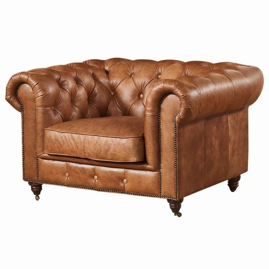 Chairs * | Crafters And Weavers Leather Chesterfield Arm Chair, Light Brown