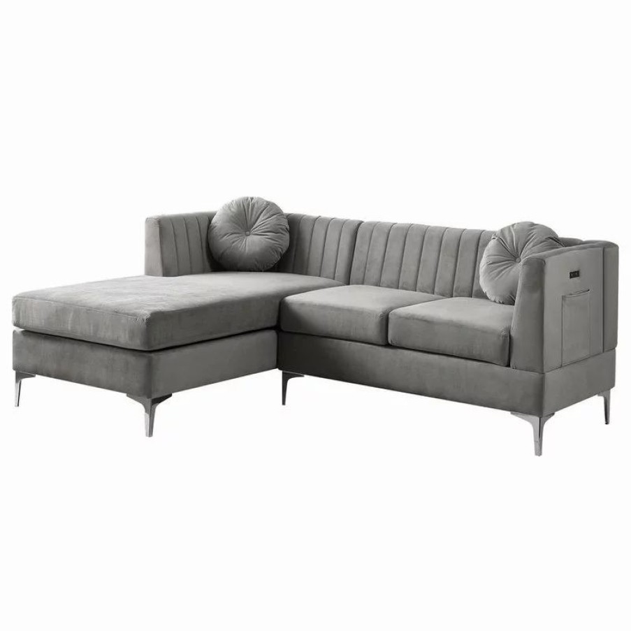 Sofas & Sectionals * | Lilola Home Chloe Velvet Sectional Sofa Chaise With Usb Charging Port, Gray