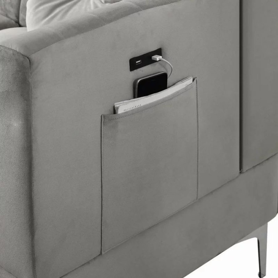 Sofas & Sectionals * | Lilola Home Chloe Velvet Sectional Sofa Chaise With Usb Charging Port, Gray