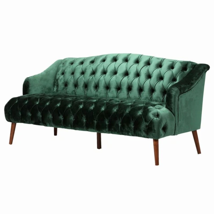 Sofas & Sectionals * | Gdfstudio Esther Modern Glam Tufted Velvet 3 Seater Sofa, Emerald, Walnut Finish