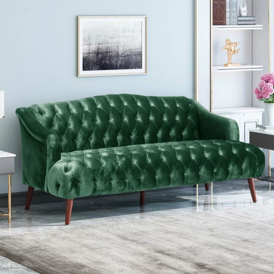 Sofas & Sectionals * | Gdfstudio Esther Modern Glam Tufted Velvet 3 Seater Sofa, Emerald, Walnut Finish