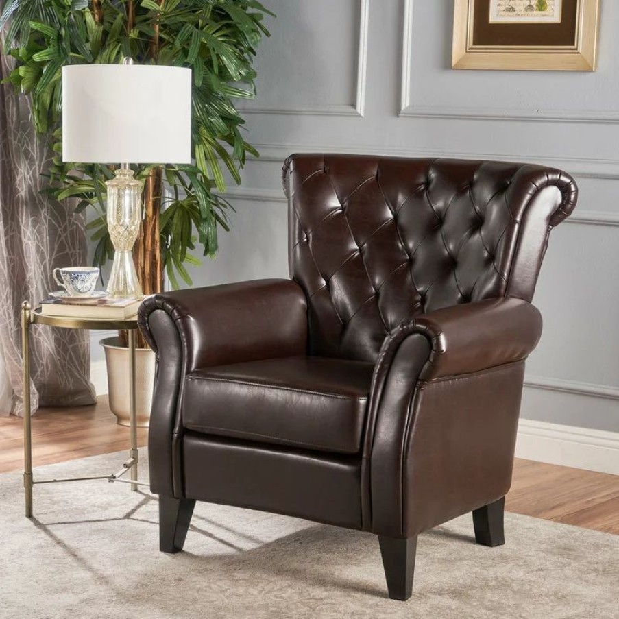 Chairs * | Gdfstudio Solvang Contemporary Oversized Tufted Leather Club Chair, Hazelnut Brown