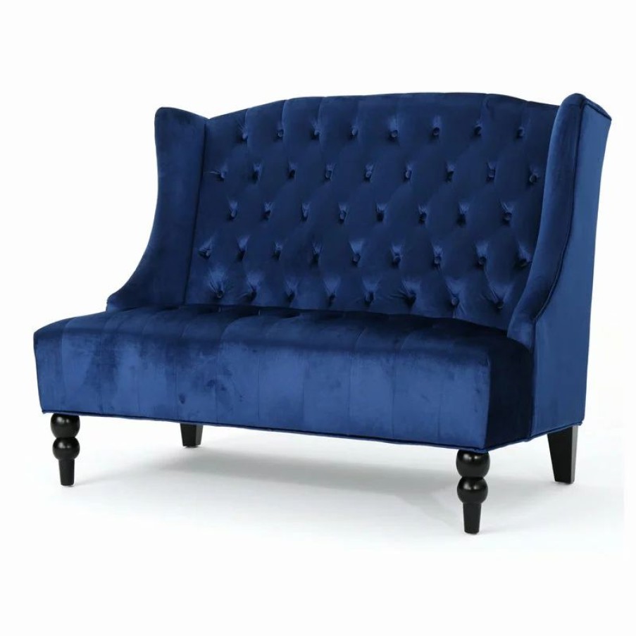 Sofas & Sectionals * | Gdfstudio Gdf Studio Leona Traditional High Back Tufted Winged Fabric Loveseat, Navy Blue