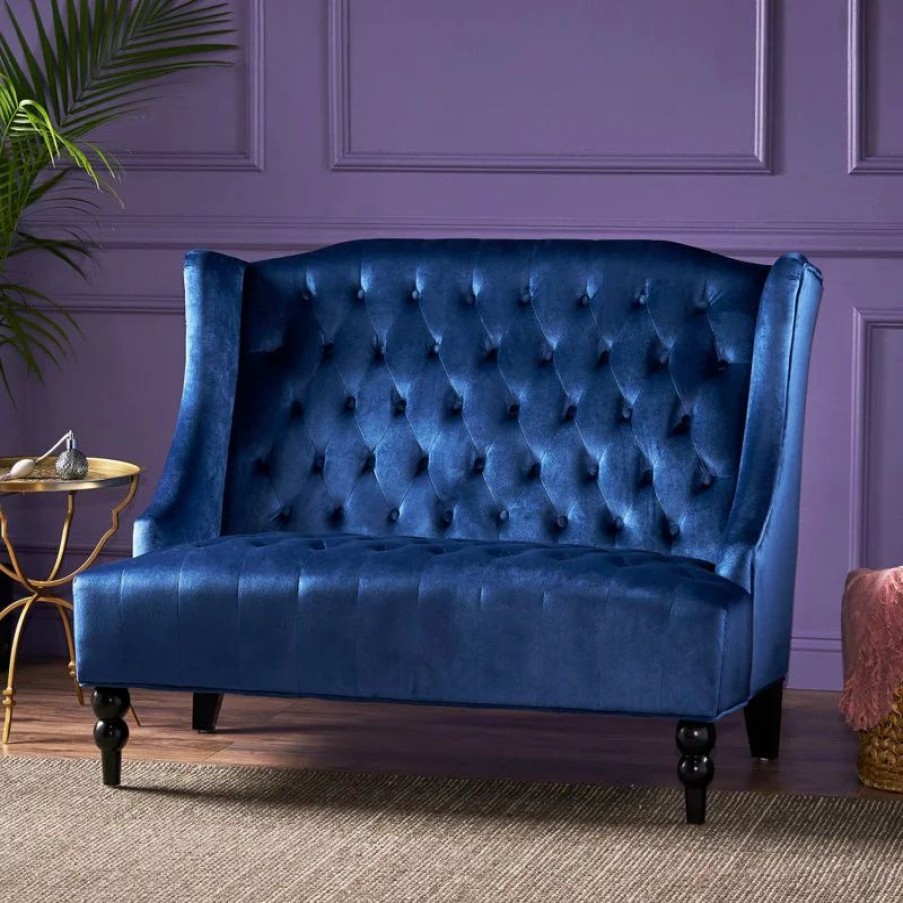 Sofas & Sectionals * | Gdfstudio Gdf Studio Leona Traditional High Back Tufted Winged Fabric Loveseat, Navy Blue