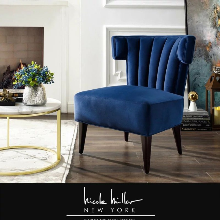 Chairs * | Nicole Miller Kairo Velvet Accent Chair With Tapered Legs, Navy