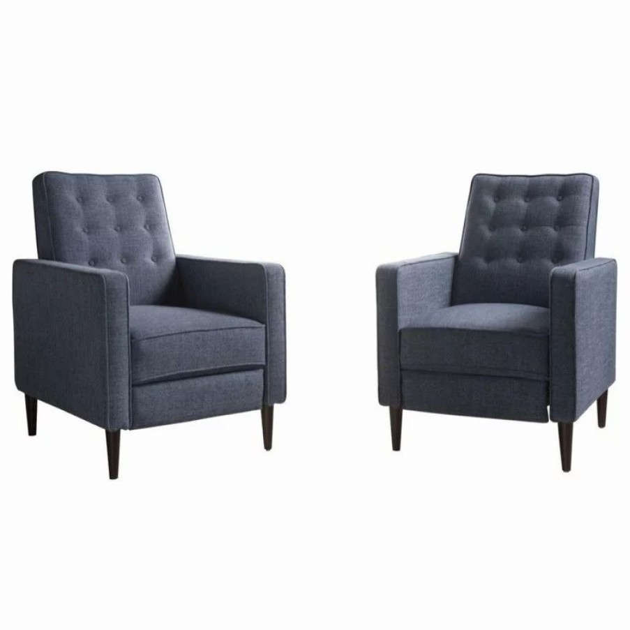 Chairs * | Gdfstudio Marston Mid-Century Modern Button Tufted Fabric Recliner, Set Of 2, Fabric/Dark Blue
