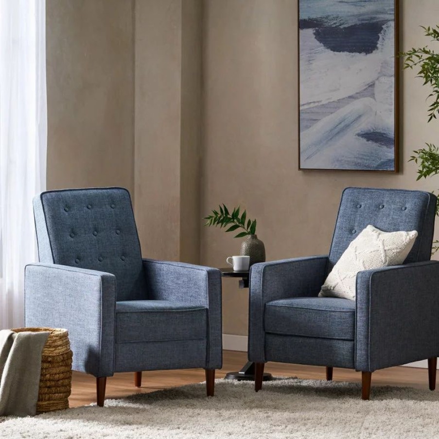 Chairs * | Gdfstudio Marston Mid-Century Modern Button Tufted Fabric Recliner, Set Of 2, Fabric/Dark Blue