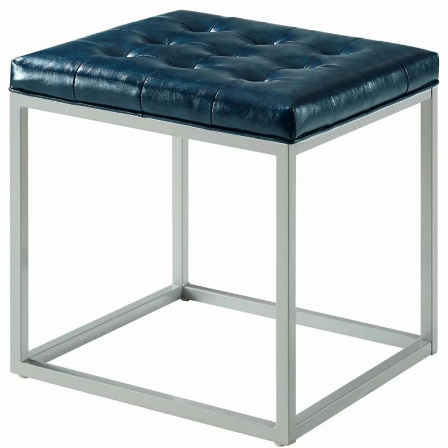Footstools & Ottomans * | Inspired Home Teresa Pu Leather Button Tufted Metal Frame Cube Ottoman, Blue