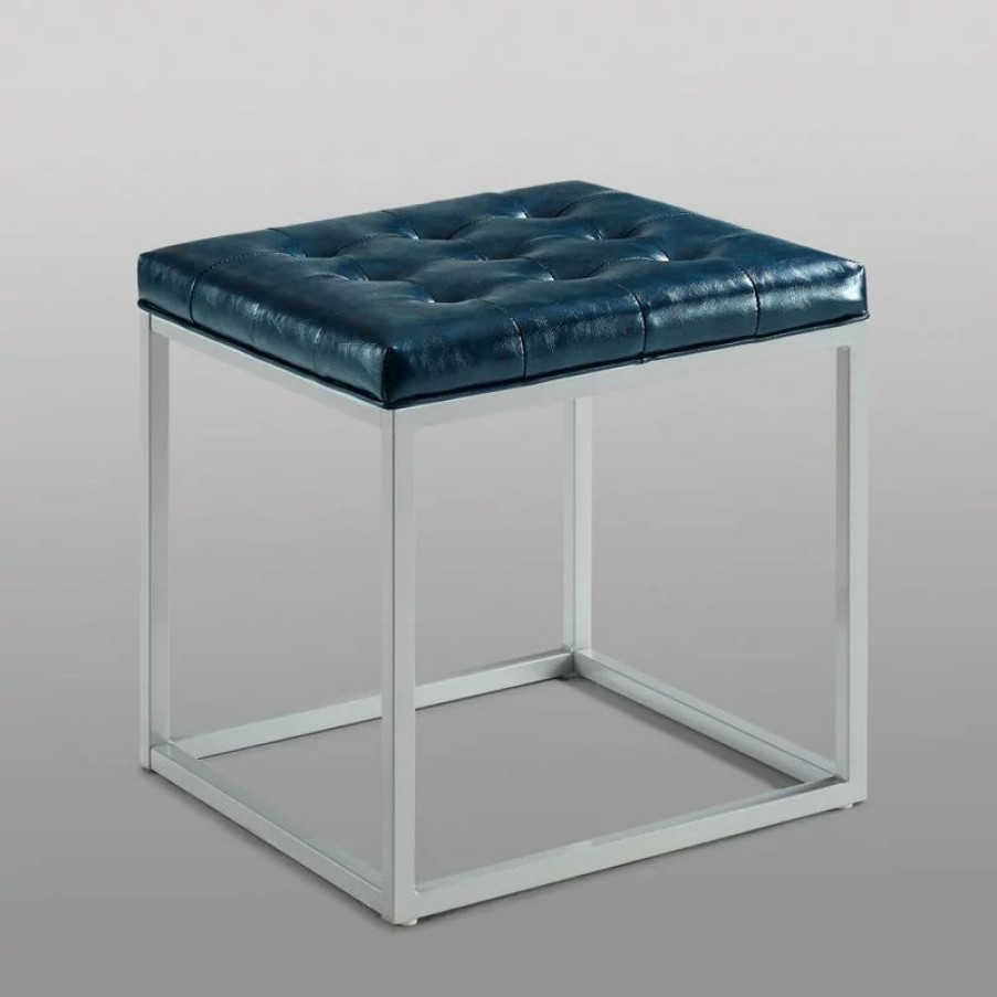 Footstools & Ottomans * | Inspired Home Teresa Pu Leather Button Tufted Metal Frame Cube Ottoman, Blue