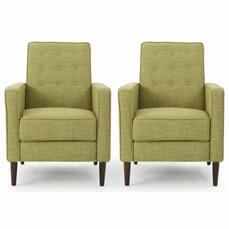 Chairs * | Gdfstudio Mason Mid-Century Modern Button Tufted Fabric Recliner, Fabric/Muted Green, Set Of 2