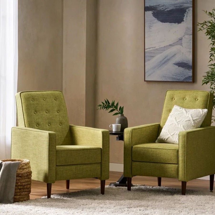 Chairs * | Gdfstudio Mason Mid-Century Modern Button Tufted Fabric Recliner, Fabric/Muted Green, Set Of 2