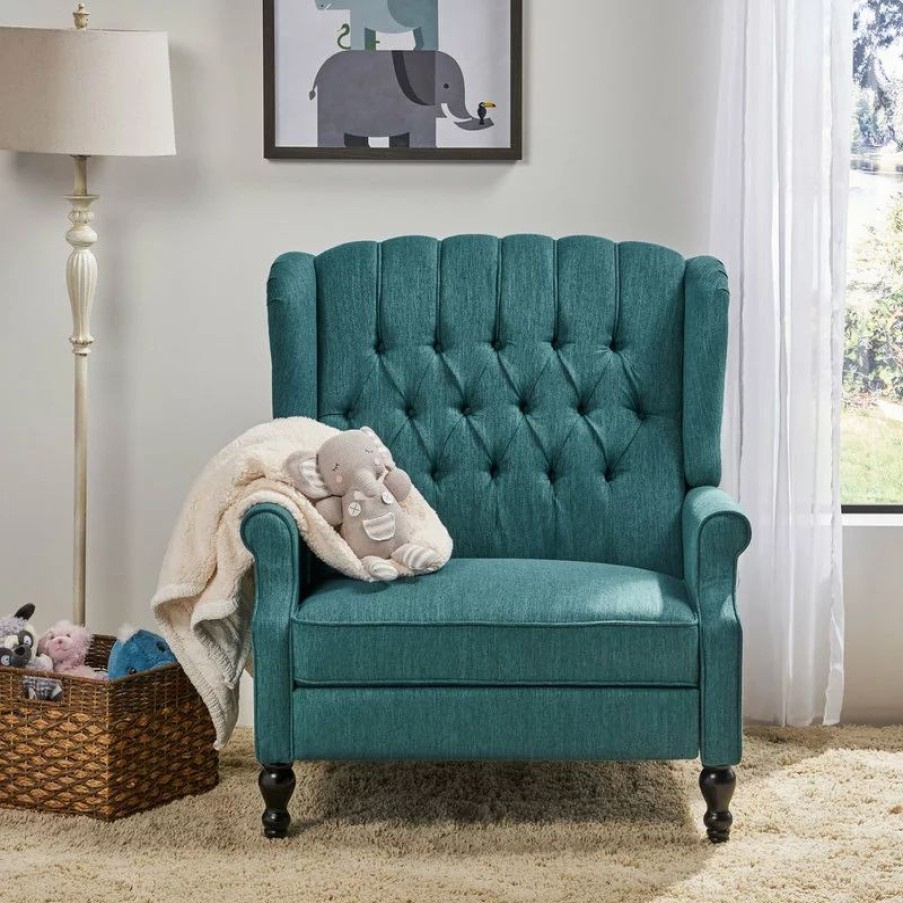 Chairs * | Gdfstudio Salome Oversized Tufted Fabric Push Back Recliner, Teal/Dark Brown