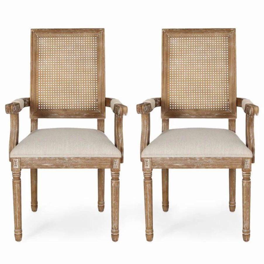 Chairs * | Gdfstudio Zentner Wood And Cane Upholstered Dining Chair, Beige + Natural, Set Of 2