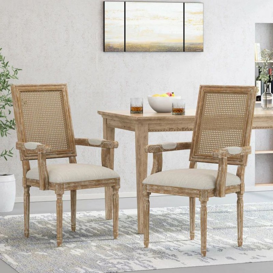 Chairs * | Gdfstudio Zentner Wood And Cane Upholstered Dining Chair, Beige + Natural, Set Of 2
