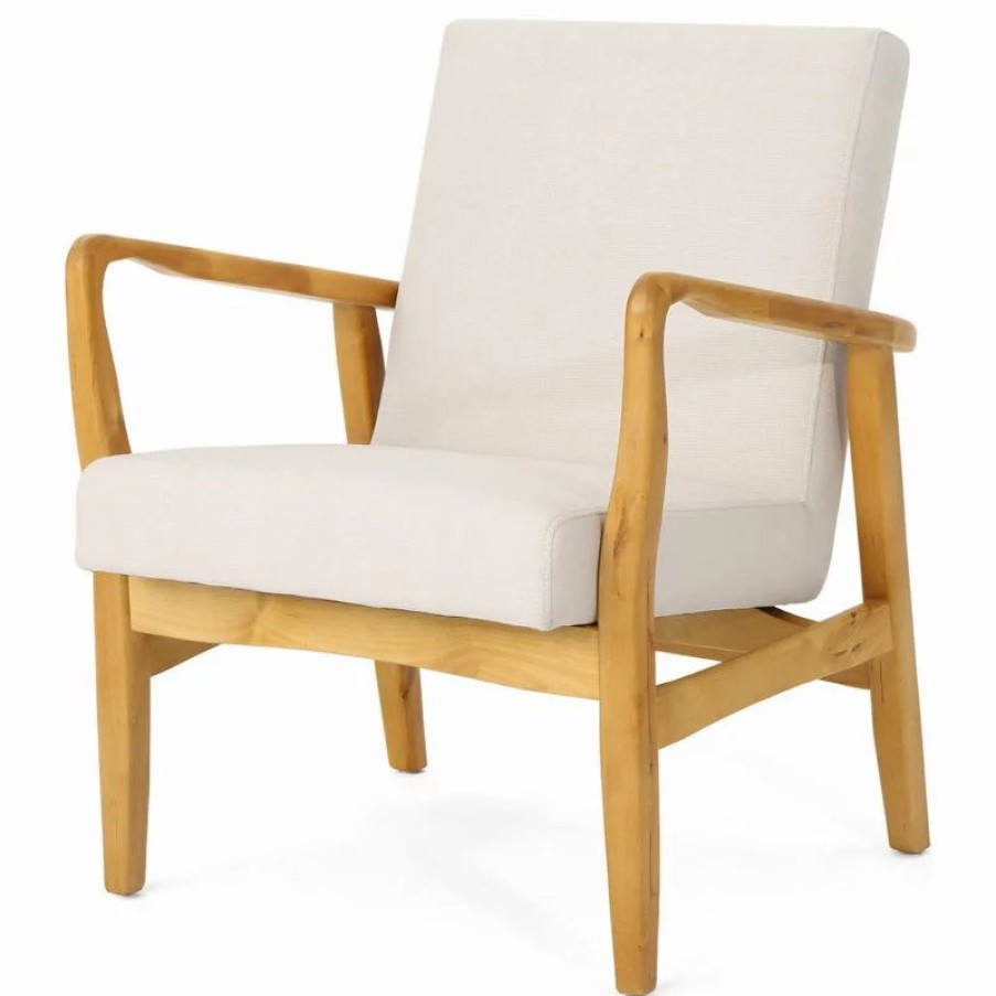 Chairs * | Gdfstudio Gdf Studio Isaac Mid Century Modern Fabric Club Chair, Ivory/Walnut
