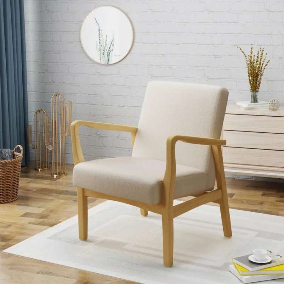 Chairs * | Gdfstudio Gdf Studio Isaac Mid Century Modern Fabric Club Chair, Ivory/Walnut