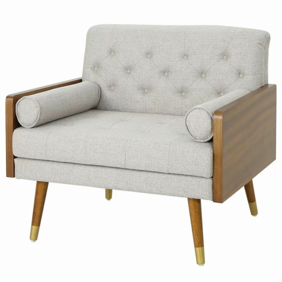 Chairs * | Gdfstudio Gdf Studio Greta Mid Century Modern Fabric Club Chair, Beige/Dark Walnut