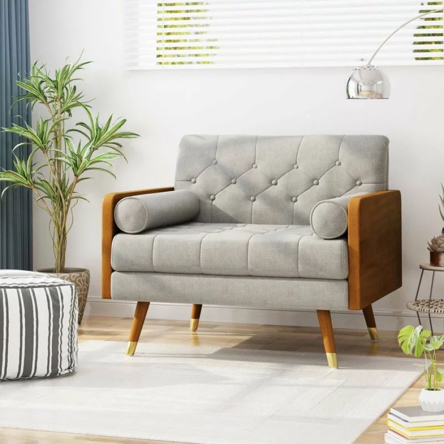 Chairs * | Gdfstudio Gdf Studio Greta Mid Century Modern Fabric Club Chair, Beige/Dark Walnut