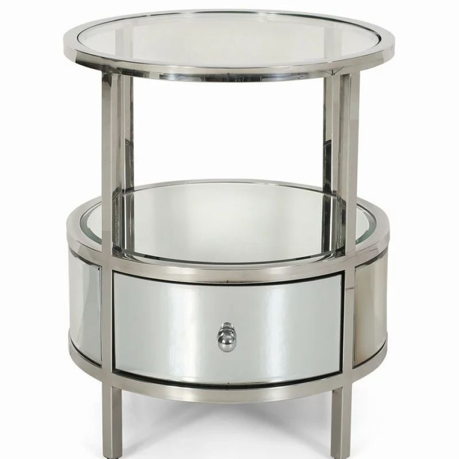 Coffee & Accent Tables * | Gdfstudio Cytheria Round End Table With Tempered Glass Drawers And Stainless Steel Frame