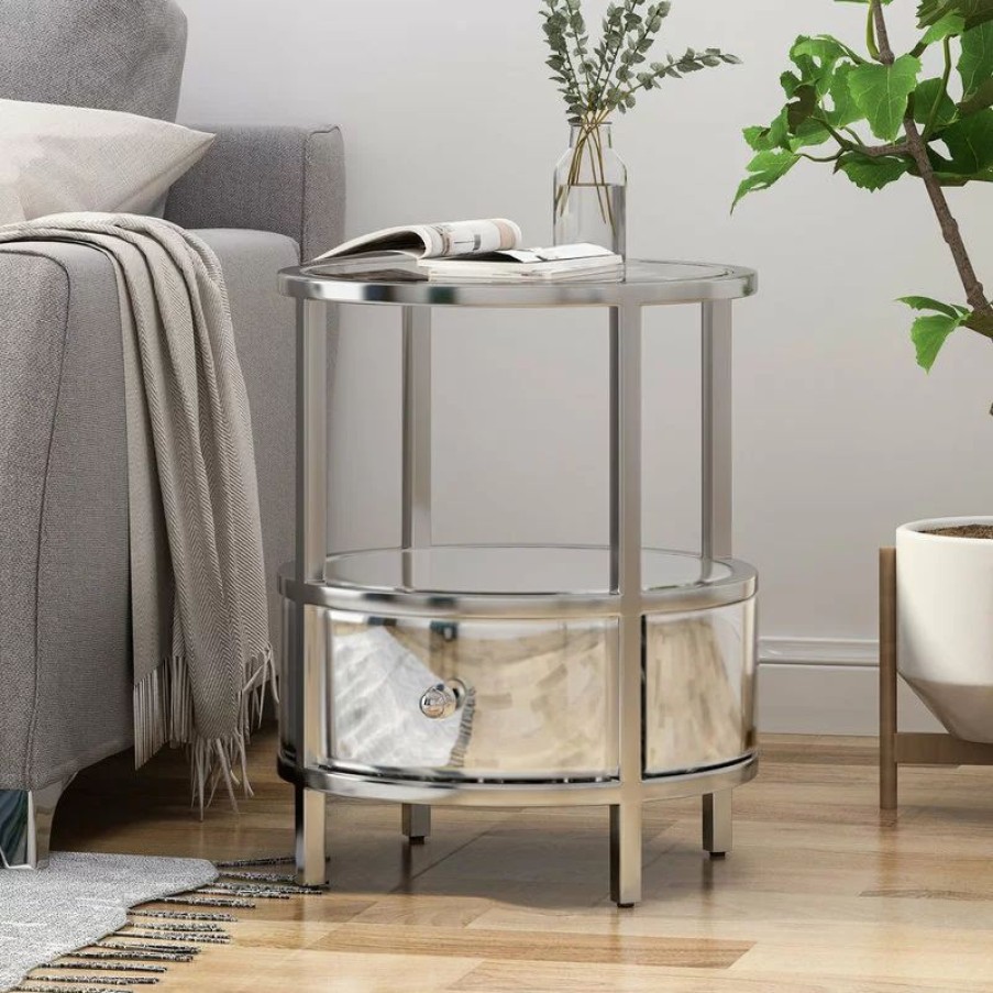 Coffee & Accent Tables * | Gdfstudio Cytheria Round End Table With Tempered Glass Drawers And Stainless Steel Frame
