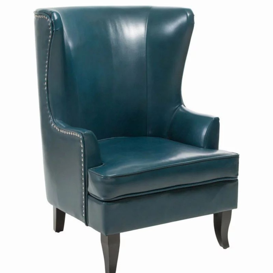 Chairs * | Gdfstudio Gdf Studio Jameson Tall Wingback Leather Club Chair, Teal Blue