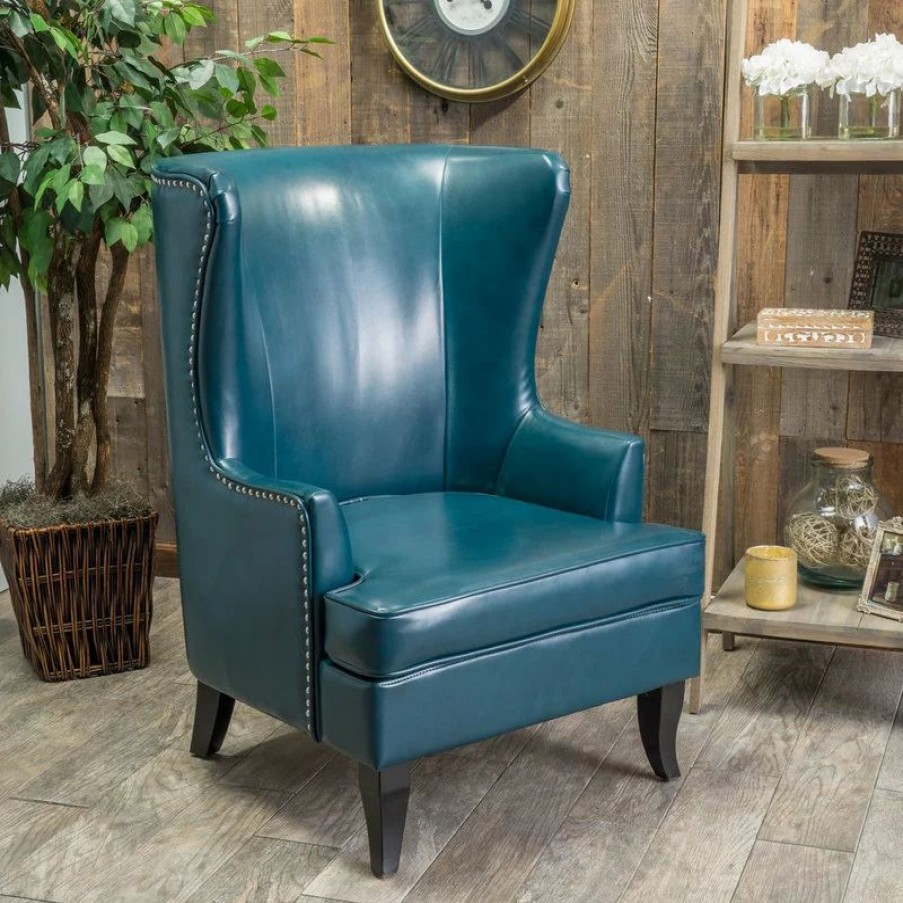Chairs * | Gdfstudio Gdf Studio Jameson Tall Wingback Leather Club Chair, Teal Blue