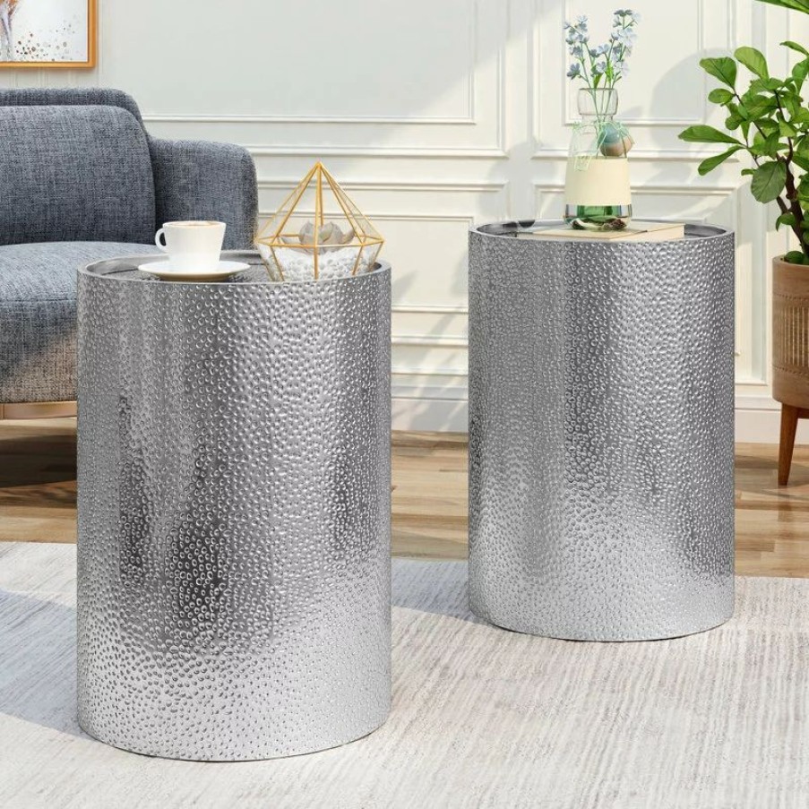 Coffee & Accent Tables * | Gdfstudio Kaylee Modern Round Hammered Iron Accent Table, 2 Pack, Silver, Silver