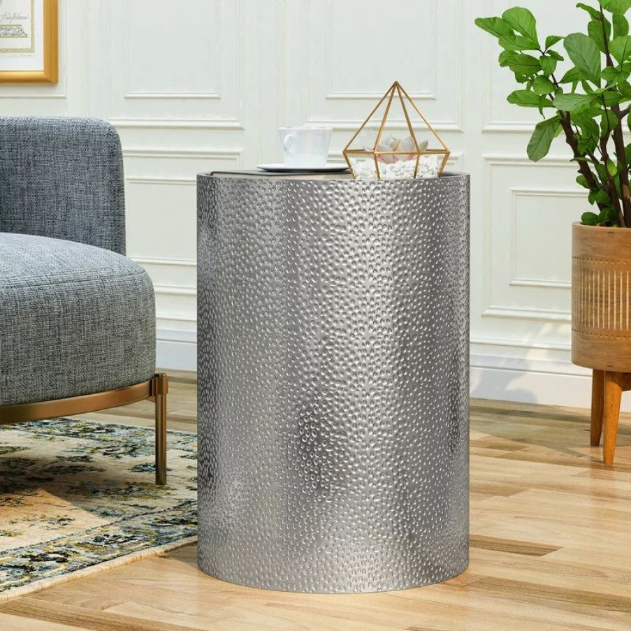 Coffee & Accent Tables * | Gdfstudio Rache Modern Round Accent Table With Hammered Iron, Silver