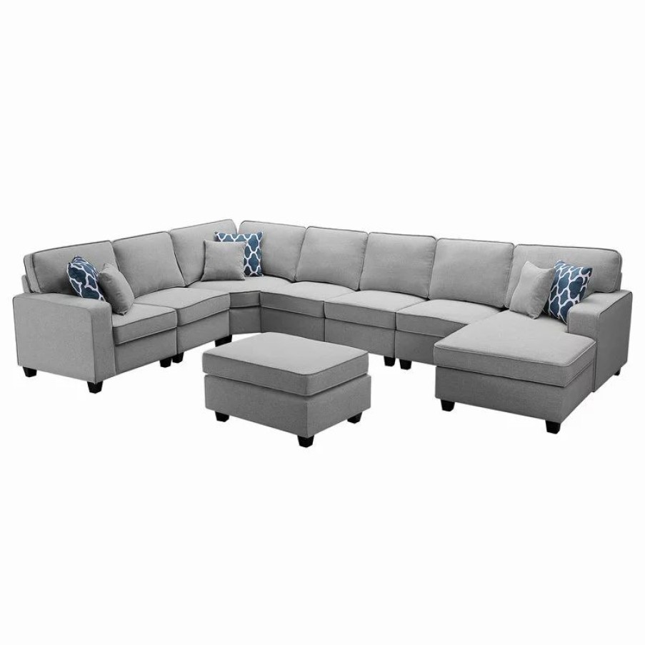 Sofas & Sectionals * | Lilola Home Irma Light Gray Linen 8-Piece Modular Sectional Sofa Chaise And Ottoman