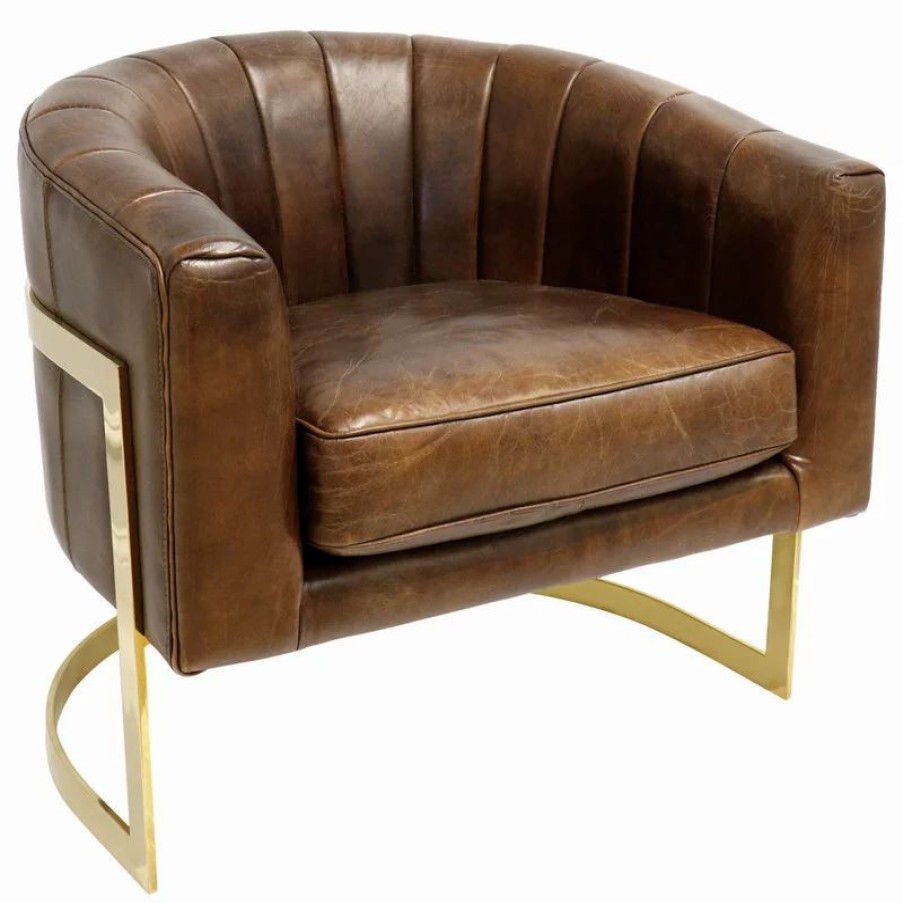 Chairs * | Pasargad Home Vicenza Barrel Leather Chair, Brown